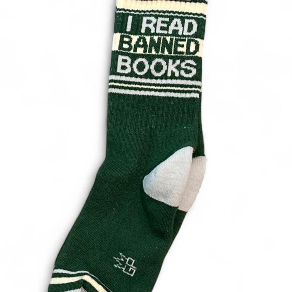 NWT Retro green crew socks cotton "I Read Banned Books Gym" Gumball Poodle USA